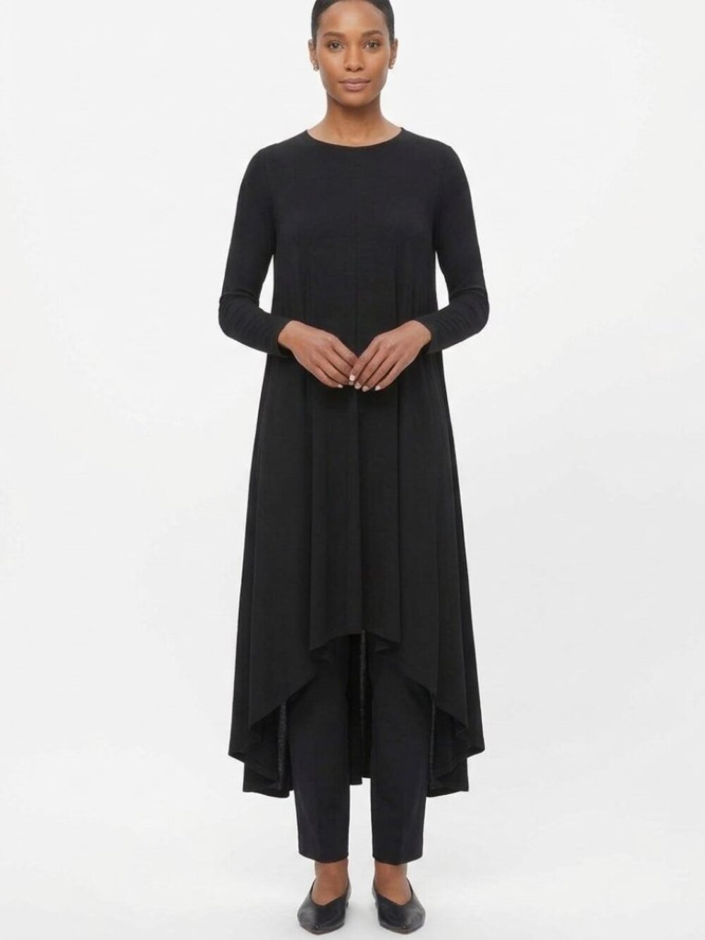 COS Long Sleeve Black Flowing Jersey Hi-Lo Hem Dress Size M Flaw